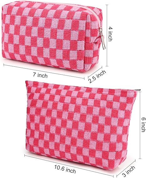 2 Pieces Makeup Bag Large Checkered Cosmetic Bag Capacity Canvas Mix Travel Toiletry Bag Organizer Cute Makeup Brushes Aesthetic Accessories Storage Bag for Women, Checkered Mix Rose Red