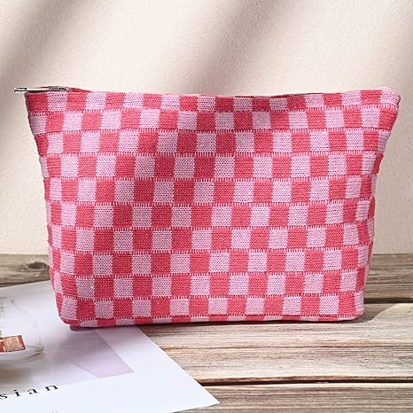 2 Pieces Makeup Bag Large Checkered Cosmetic Bag Capacity Canvas Mix Travel Toiletry Bag Organizer Cute Makeup Brushes Aesthetic Accessories Storage Bag for Women, Checkered Mix Rose Red
