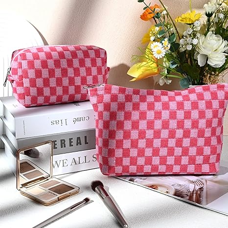2 Pieces Makeup Bag Large Checkered Cosmetic Bag Capacity Canvas Mix Travel Toiletry Bag Organizer Cute Makeup Brushes Aesthetic Accessories Storage Bag for Women, Checkered Mix Rose Red