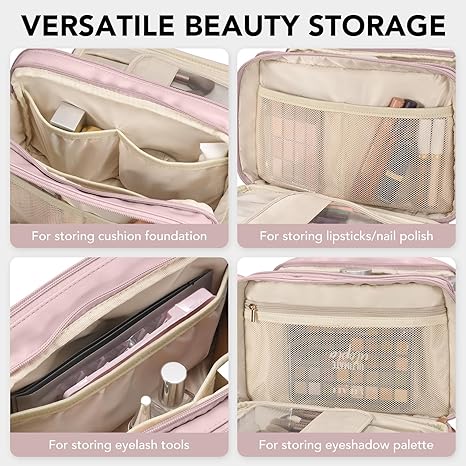 Travel Makeup Bag Women's Large Capacity Cosmetic Portable Organizer Large Opening Waterproof Storage Toiletry Bags Vertical Free-Standing Brush Holder for Easy Access Pink