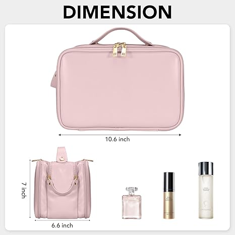 Travel Makeup Bag Women's Large Capacity Cosmetic Portable Organizer Large Opening Waterproof Storage Toiletry Bags Vertical Free-Standing Brush Holder for Easy Access Pink