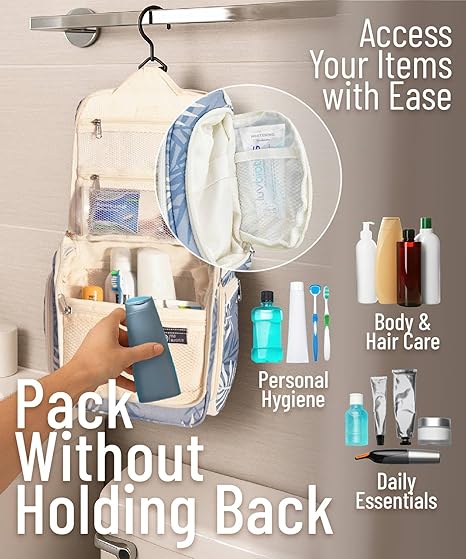Hanging Travel Toiletry Bag for Men and Women – Large Cosmetics, Makeup and Toiletries Organizer Kit with 10 Compartments, YKK Zippers, XXL Metal Swivel Hook, Water-Resistant Nylon