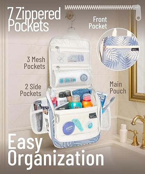 Hanging Travel Toiletry Bag for Men and Women – Large Cosmetics, Makeup and Toiletries Organizer Kit with 10 Compartments, YKK Zippers, XXL Metal Swivel Hook, Water-Resistant Nylon
