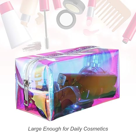 2 Pcs Clear Iridescent Holographic Makeup Bag Glitter Travel Cosmetic Pouches Toiletry Bag with Zipper Toiletry Organizer Case for Purse Diaper Beach Office Gift(Plain)