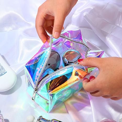 2 Pcs Clear Iridescent Holographic Makeup Bag Glitter Travel Cosmetic Pouches Toiletry Bag with Zipper Toiletry Organizer Case for Purse Diaper Beach Office Gift(Plain)