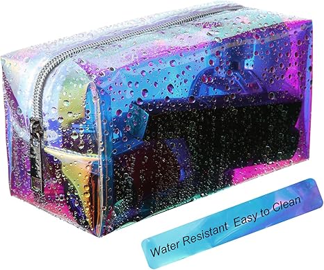 2 Pcs Clear Iridescent Holographic Makeup Bag Glitter Travel Cosmetic Pouches Toiletry Bag with Zipper Toiletry Organizer Case for Purse Diaper Beach Office Gift(Plain)