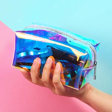 2 Pcs Clear Iridescent Holographic Makeup Bag Glitter Travel Cosmetic Pouches Toiletry Bag with Zipper Toiletry Organizer Case for Purse Diaper Beach Office Gift(Plain)