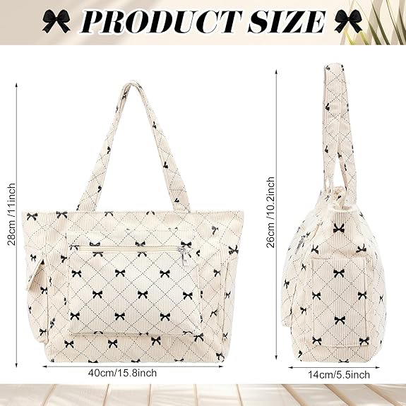 Corduroy Tote Bag for Women Large Black Bow Shoulder Bag with Pockets and Zipper Bow Purse for Work Travel
