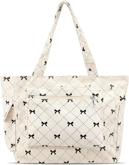 Corduroy Tote Bag for Women Large Black Bow Shoulder Bag with Pockets and Zipper Bow Purse for Work Travel