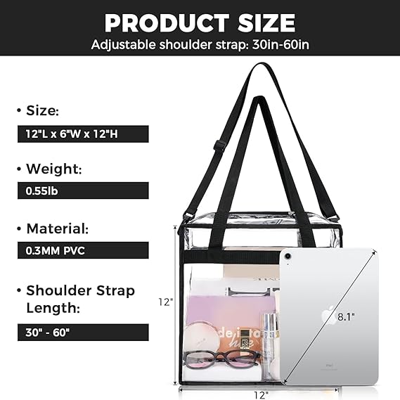 BAGAIL Clear Bags Stadium Approved Clear Tote Bag with Zipper Closure Crossbody Messenger Shoulder Bag with Adjustable Strap