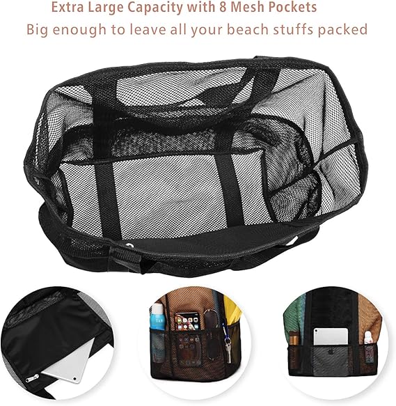  Mesh Beach Bag Family - 9 Pockets Large Beach Tote for Cruise Vacation Essentials