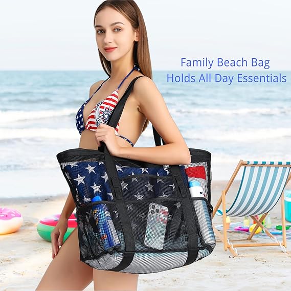  Mesh Beach Bag Family - 9 Pockets Large Beach Tote for Cruise Vacation Essentials