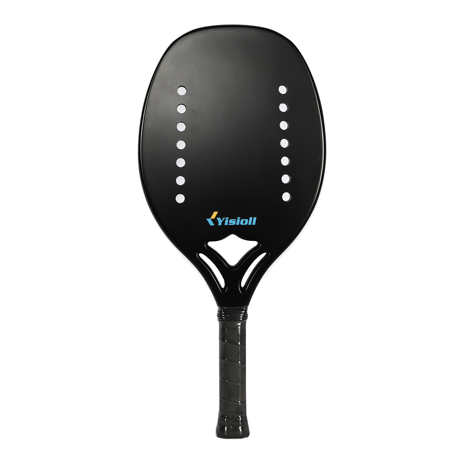 Newly designed glass fiber beach tennis rack with carbon fiber frame surface.