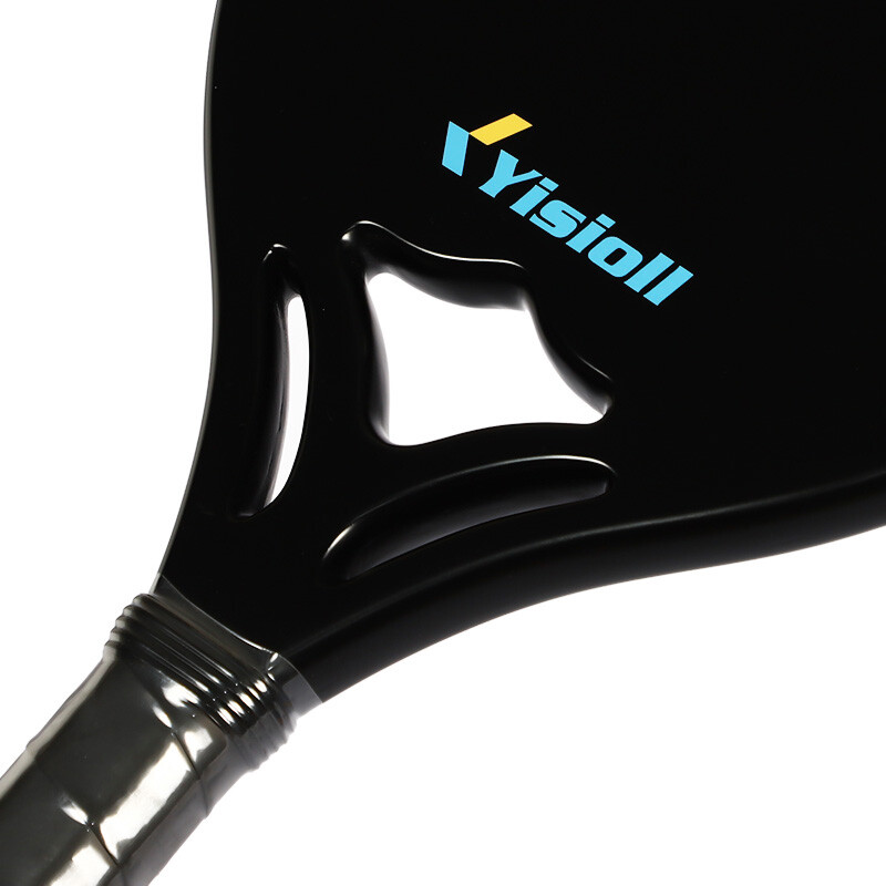 Newly designed glass fiber beach tennis rack with carbon fiber frame surface.