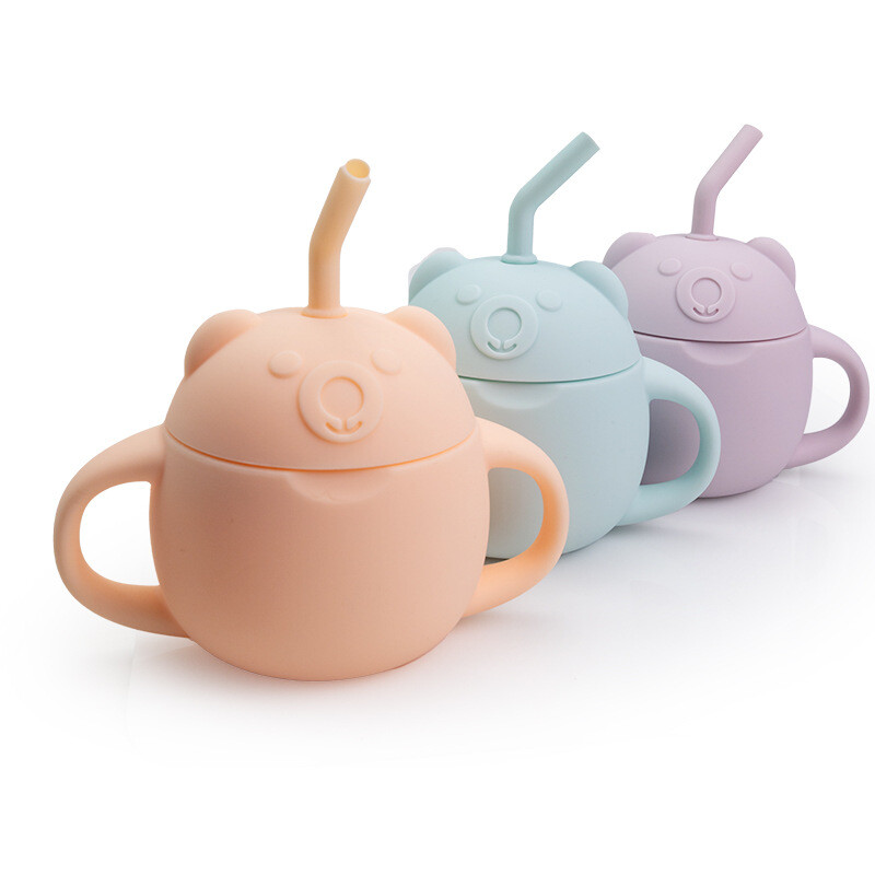 Hot selling silicone children's water cup leak proof and anti fall baby food cup 2-in-1 silicone teddy bear learning drink cup