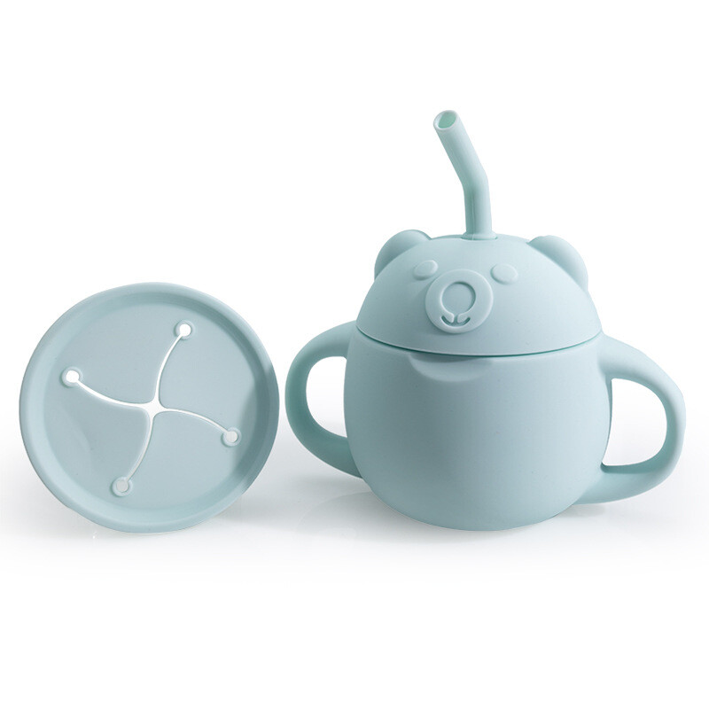 Hot selling silicone children's water cup leak proof and anti fall baby food cup 2-in-1 silicone teddy bear learning drink cup