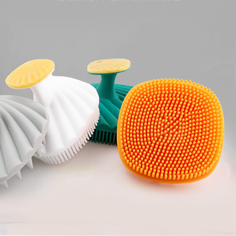 Cross border silicone shell handle shower brush, portable children's hair washing and shower brush, massage and cleaning silicone shower brush