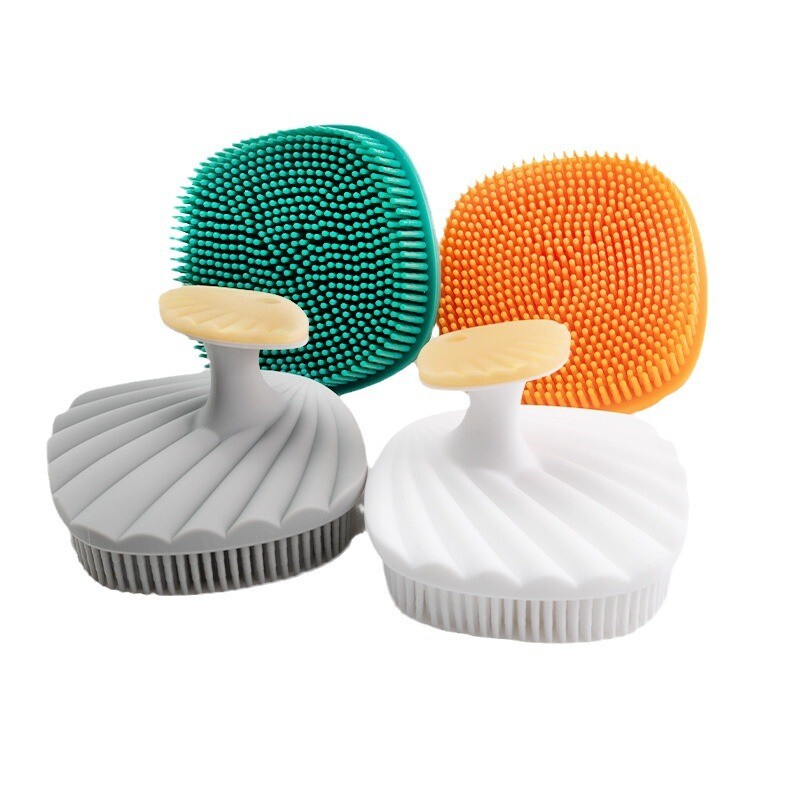 Cross border silicone shell handle shower brush, portable children's hair washing and shower brush, massage and cleaning silicone shower brush