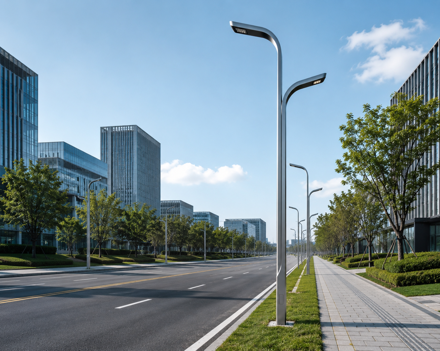 Modern Curved Dual-Arm LED Street Light for Urban Roads