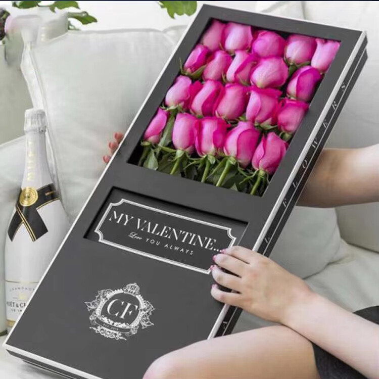  Custom Luxury Handcrafted Rectangular Bouquet Gift Flower Box with Clear PVC Window & Hexagon Marble Lid