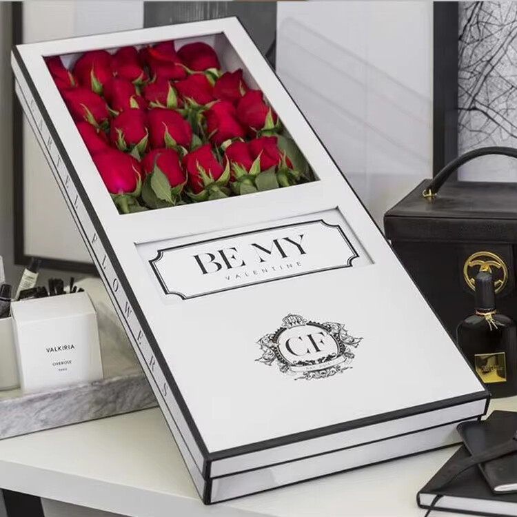  Custom Luxury Handcrafted Rectangular Bouquet Gift Flower Box with Clear PVC Window & Hexagon Marble Lid