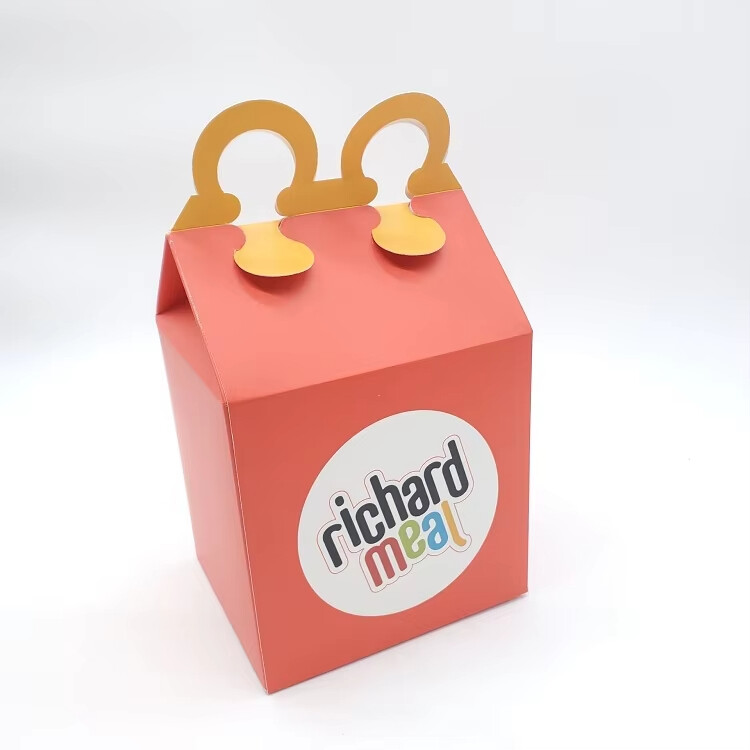 Custom Logo Full Color Printing on Wholesale Paper Folding Happy Meal Boxes with Handles