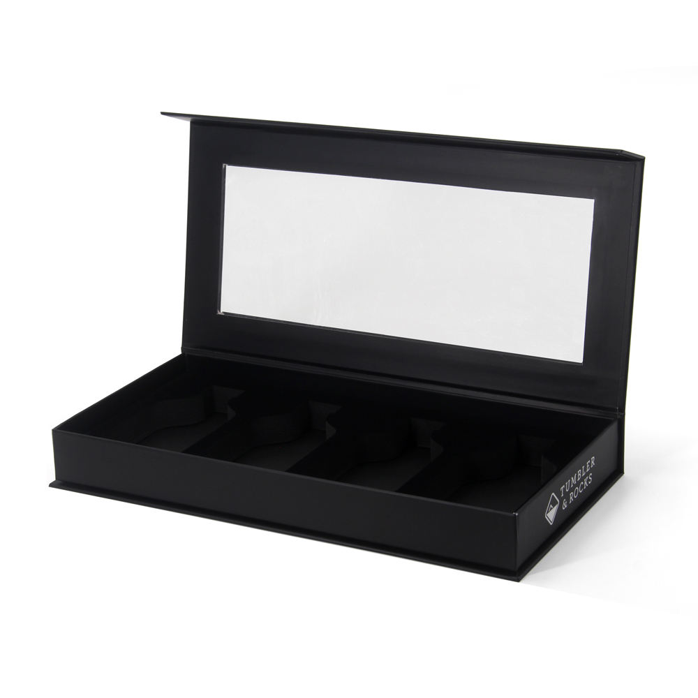 Custom Luxury Matte Black Paper Gin Boxes with PVC Magnetic Lid & Clear Window for Cocktail Wine Gifts