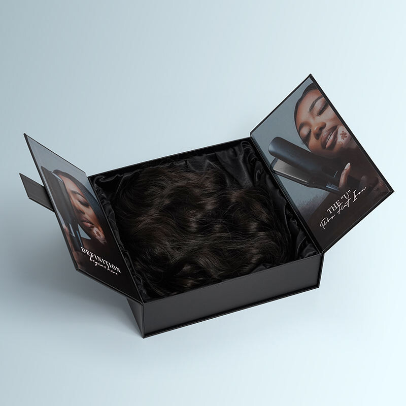  Custom Double Door Magnet Closed Rigid Cardboard Gift Box with Hot Stamping Logo for Wig, Clothing & Accessories