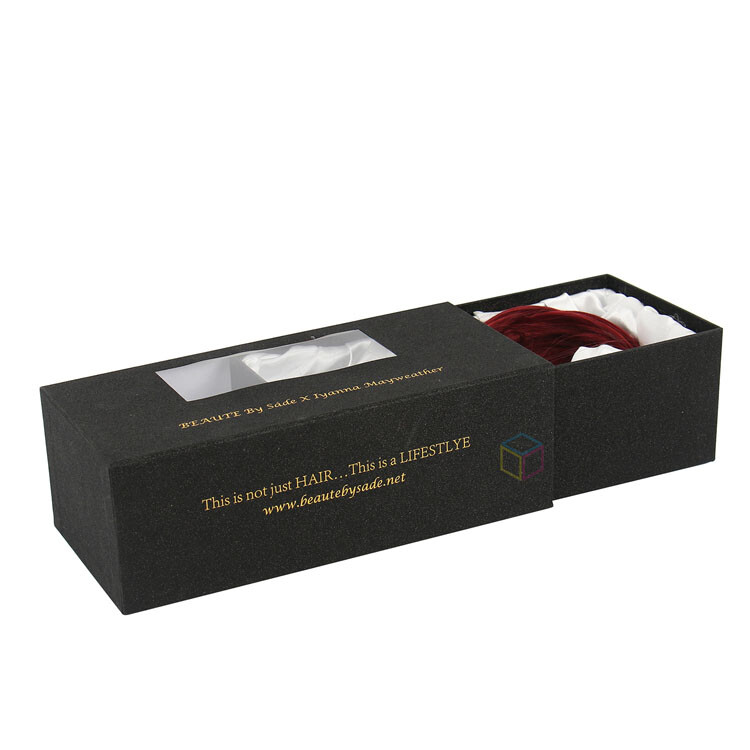  Custom Luxury Cardboard Sliding Drawer Gift Box with Window & Silk Hair/Extension Packaging