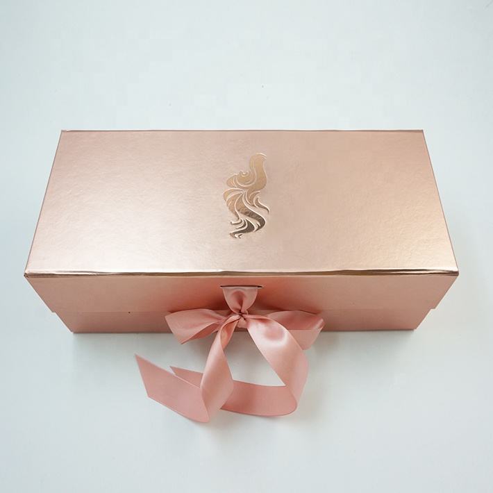  Custom Rose Gold Cardboard Hair Extension Gift Box with Ribbon Packaging