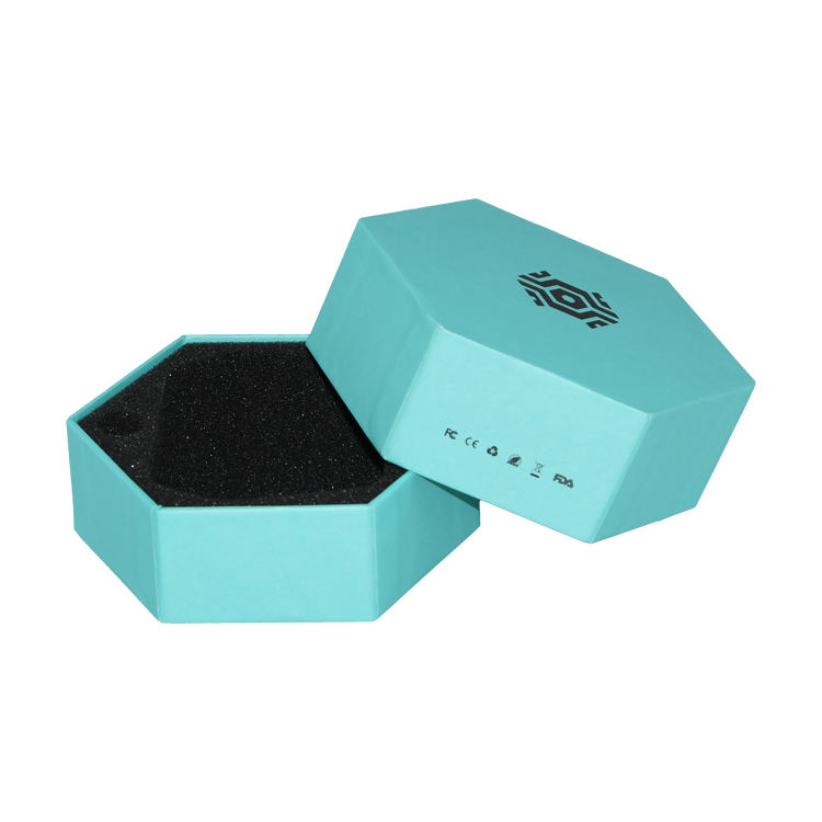  Customized Matte Blue Hexagonal Cardboard Box with Foam Tray for Jewelry Packaging