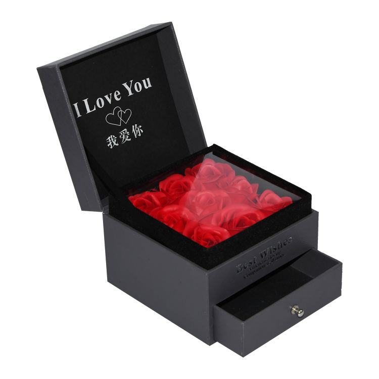  Custom Rectangular Satin Double-Layer Gift Box with I LOVE YOU Design, Drawer, Clear Window, and Red Rose Ribbon