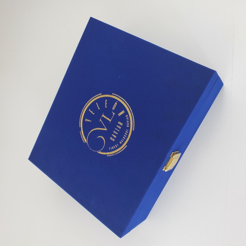  Custom Luxury Wooden Navy Blue Fabric Velvet Box with Gold Craft Display Packaging
