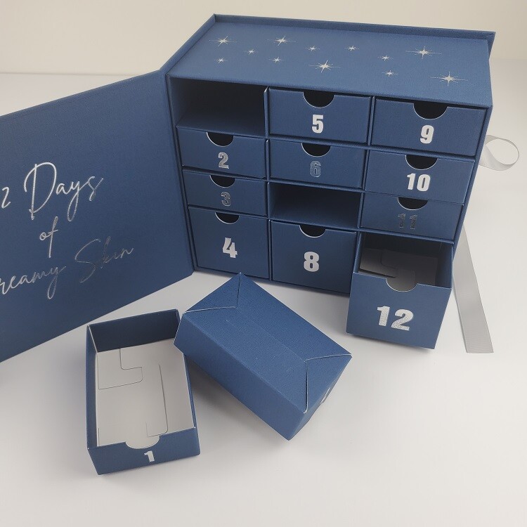  Custom Empty Blue Christmas Advent Calendar Gift Box Packaging with 12 Compartments