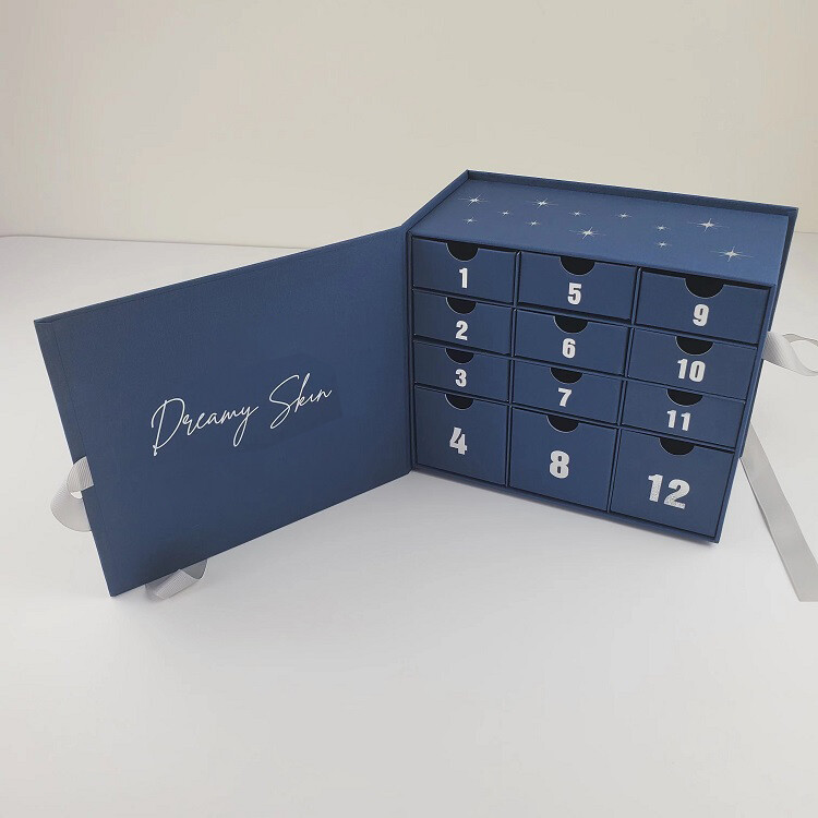  Custom Empty Blue Christmas Advent Calendar Gift Box Packaging with 12 Compartments