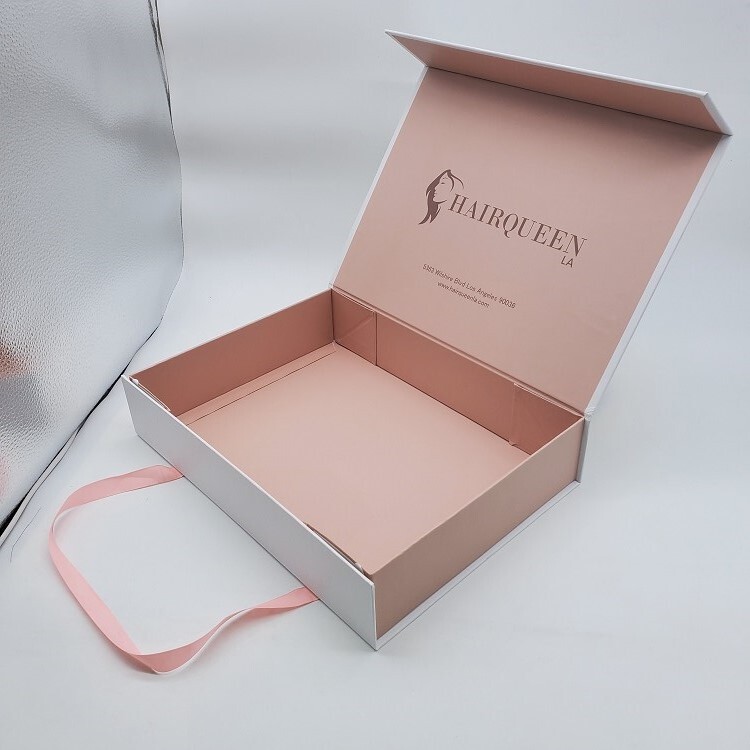 Custom pink packaging magnetic luxury folding gift box with ribbon