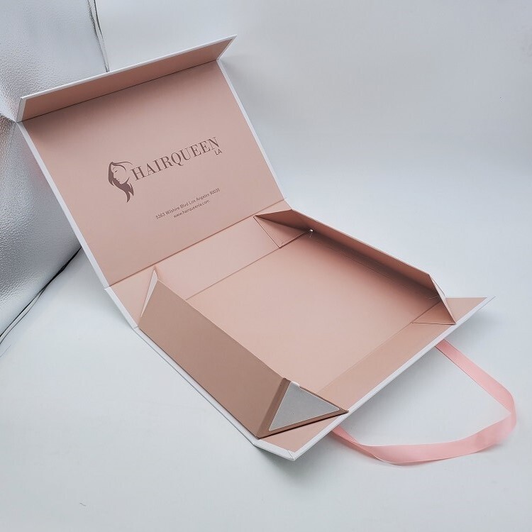 Custom pink packaging magnetic luxury folding gift box with ribbon