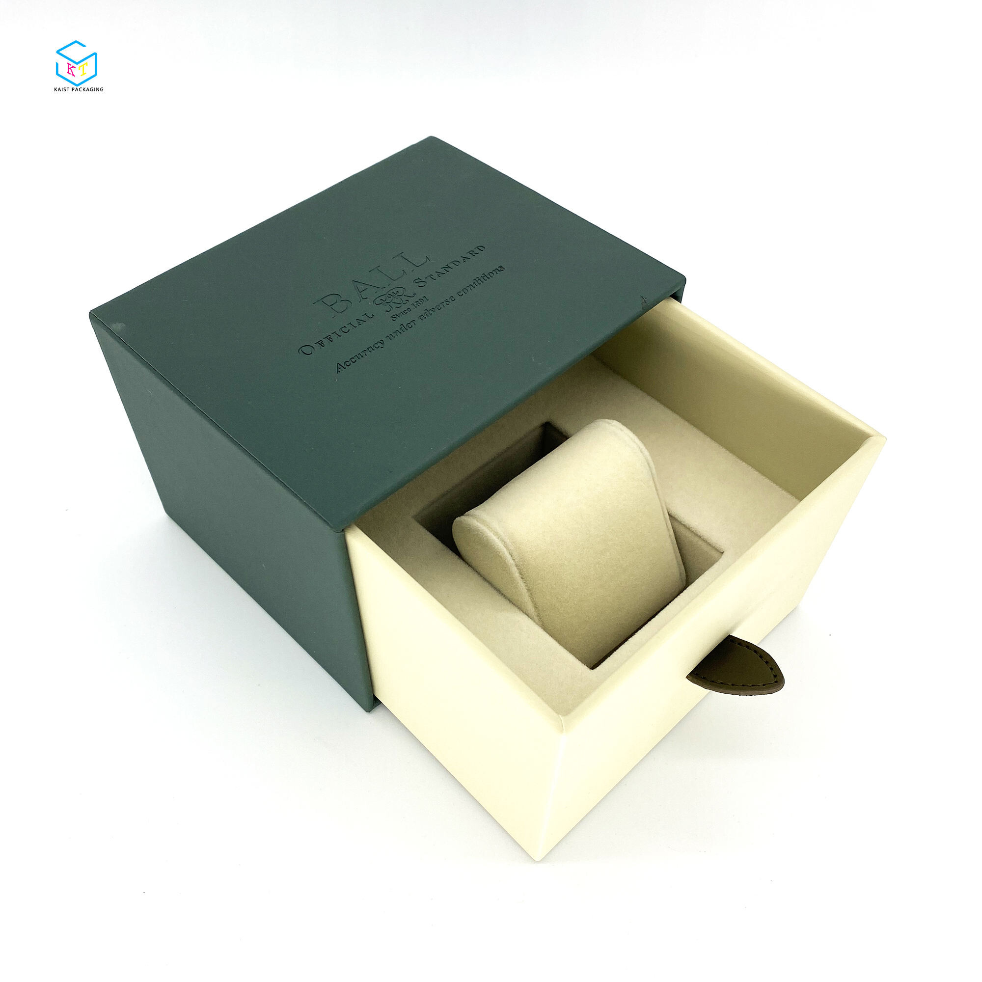 Custom Luxury Watch Packaging: Green PU Leather Cardboard Drawer Box Design