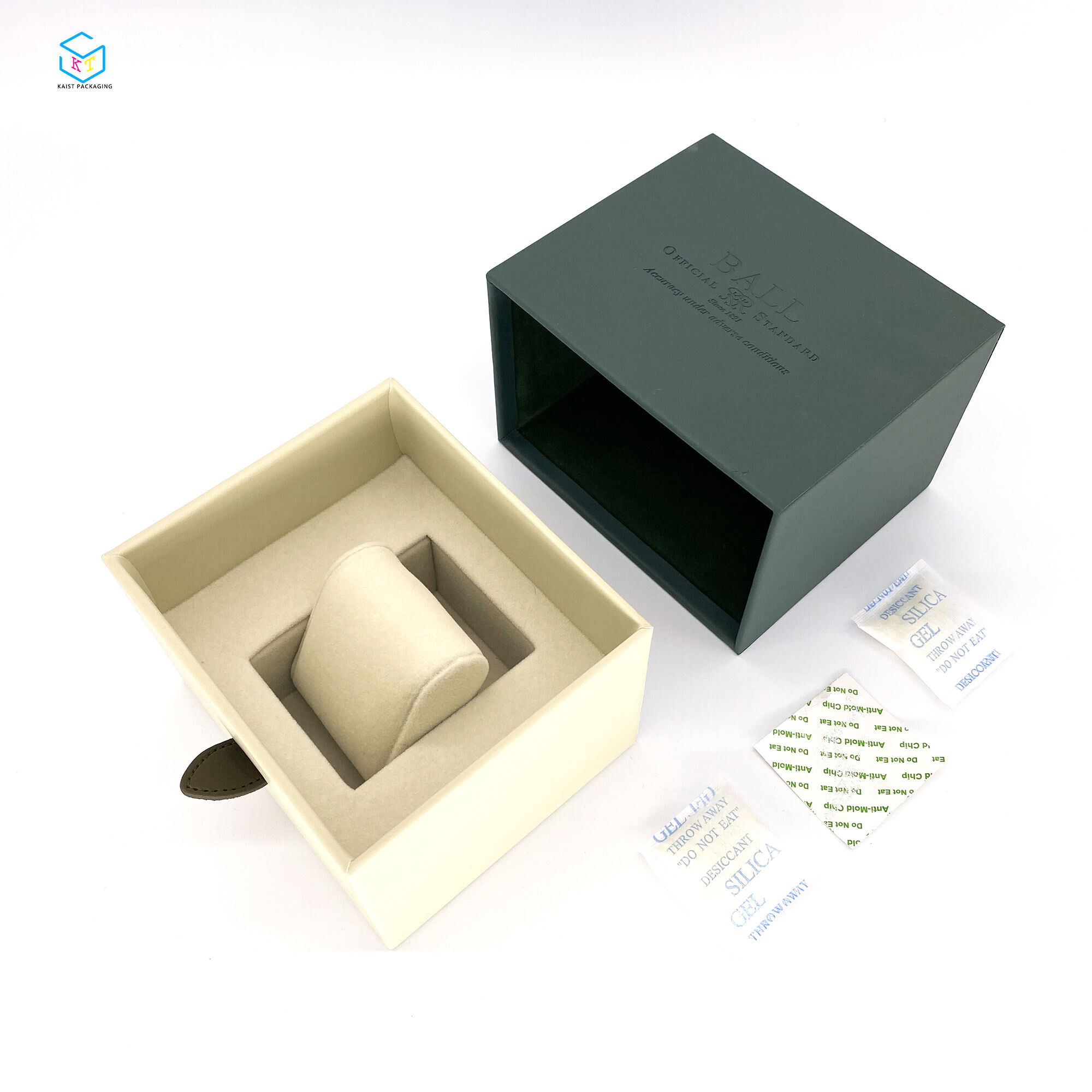 Custom Luxury Watch Packaging: Green PU Leather Cardboard Drawer Box Design