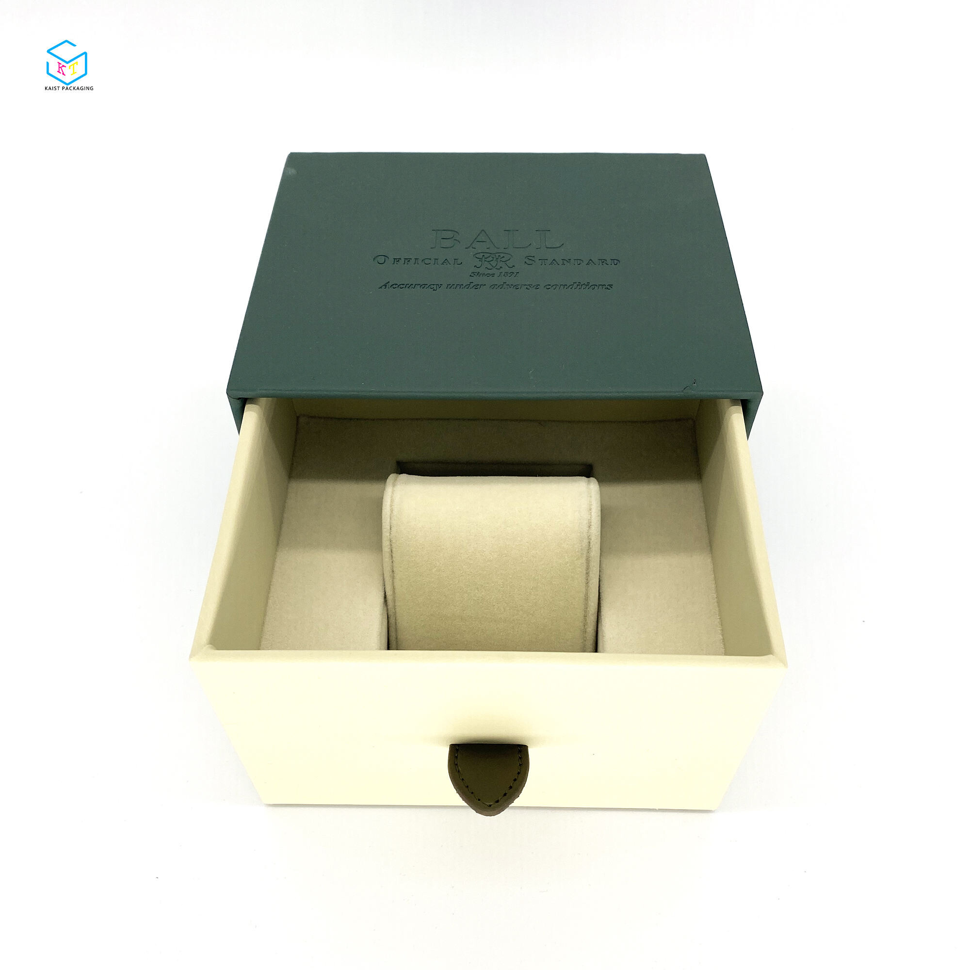 Custom Luxury Watch Packaging: Green PU Leather Cardboard Drawer Box Design
