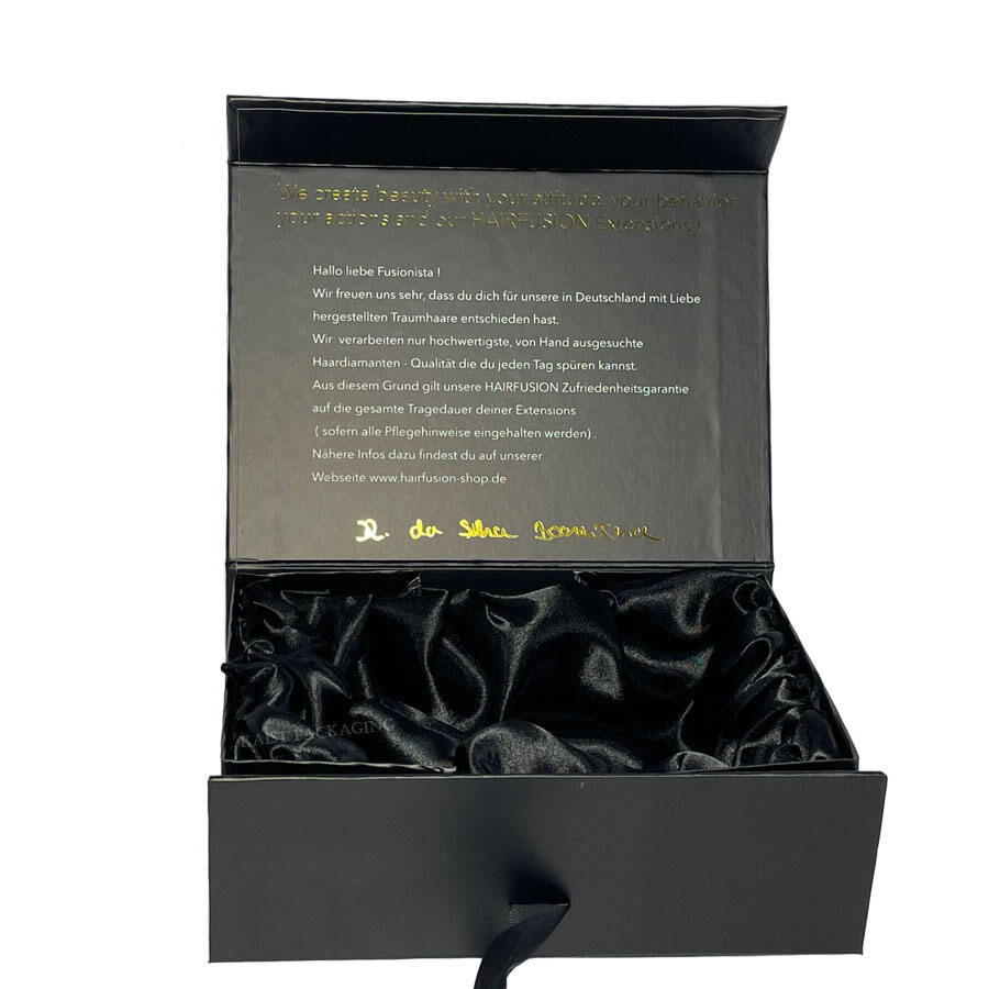 Custom Black Collapsible Magnetic Satin Lined Hair Boxes with Weave Packaging and Logo