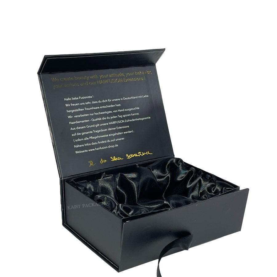 Custom Black Collapsible Magnetic Satin Lined Hair Boxes with Weave Packaging and Logo