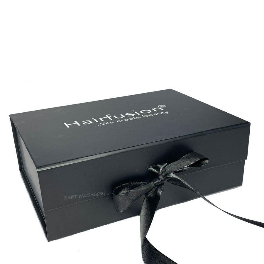Custom Black Collapsible Magnetic Satin Lined Hair Boxes with Weave Packaging and Logo