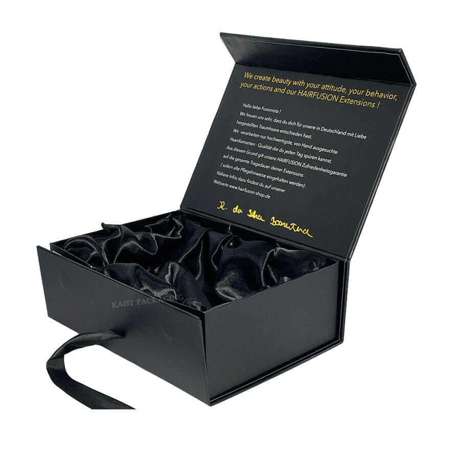 Custom Black Collapsible Magnetic Satin Lined Hair Boxes with Weave Packaging and Logo