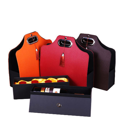 Double Layers Leather Red 2 Wine Bottles Red Lafite Wine Tea Moon Cake Box Gift Bag Packing Handbag Boxes