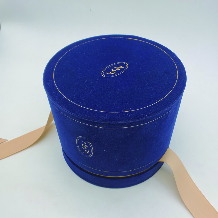 Luxury Round Blue Velvet & Gold Foil Candle Holders Gift Box with Lids & Ribbon | Eco-Friendly Packaging