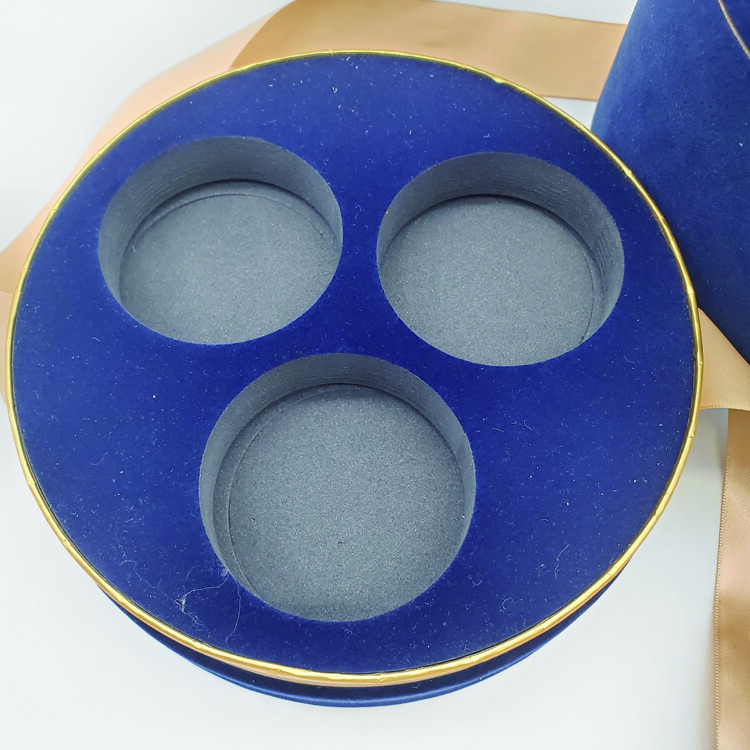 Luxury Round Blue Velvet & Gold Foil Candle Holders Gift Box with Lids & Ribbon | Eco-Friendly Packaging