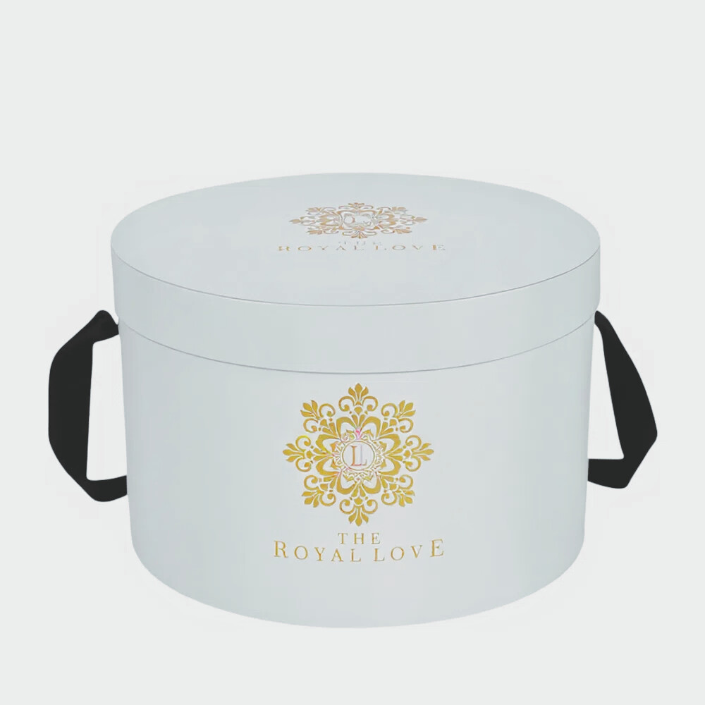 round flower box with gold foil logo 