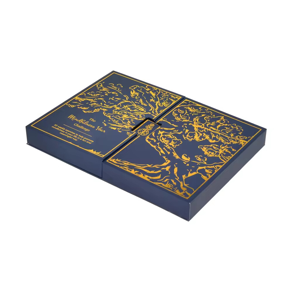 Luxury Gold Foil Stamp Hardboard Men's Dark Blue Gift Box Two Side Open Double Door Gift Boxes with Tray