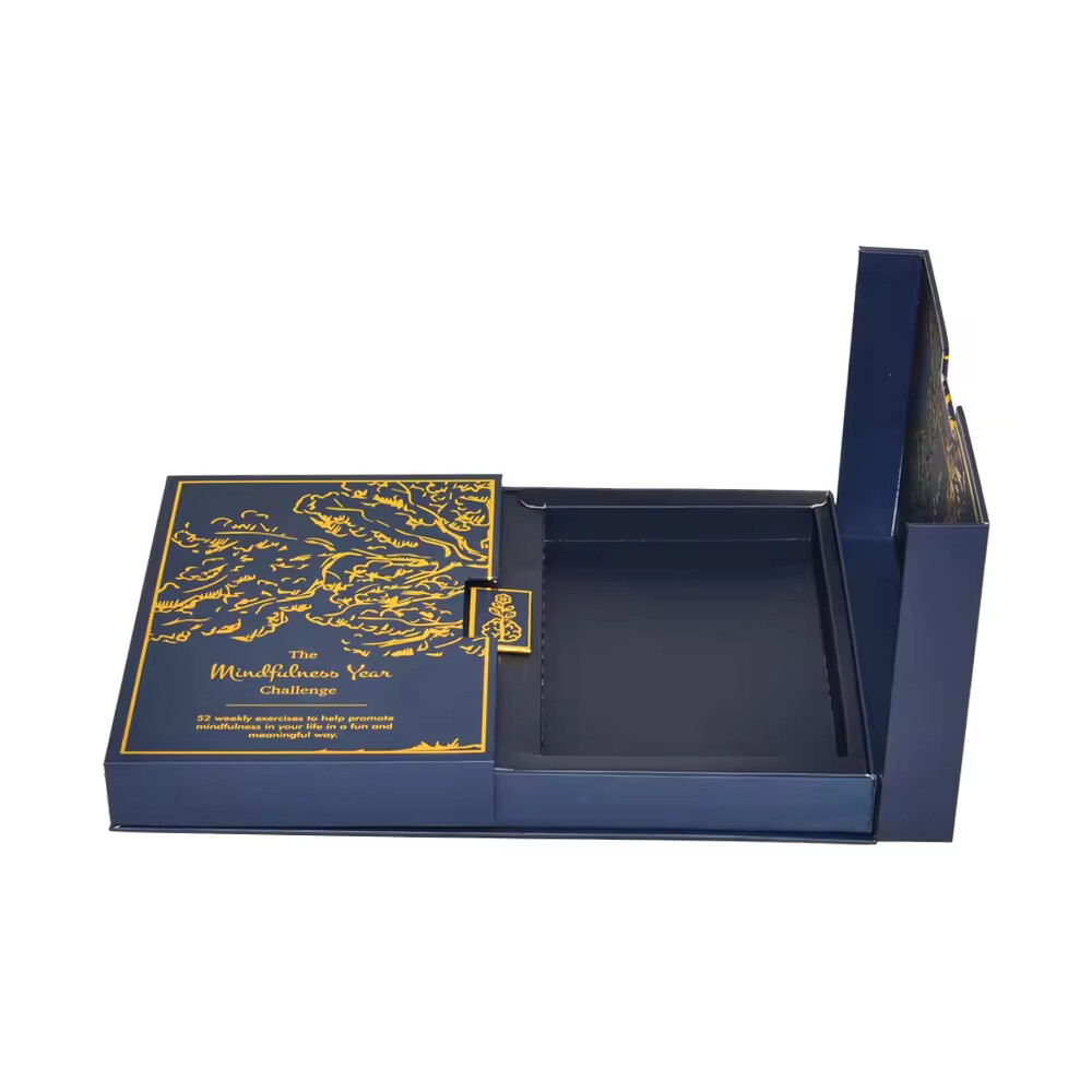 Luxury Gold Foil Stamp Hardboard Men's Dark Blue Gift Box Two Side Open Double Door Gift Boxes with Tray